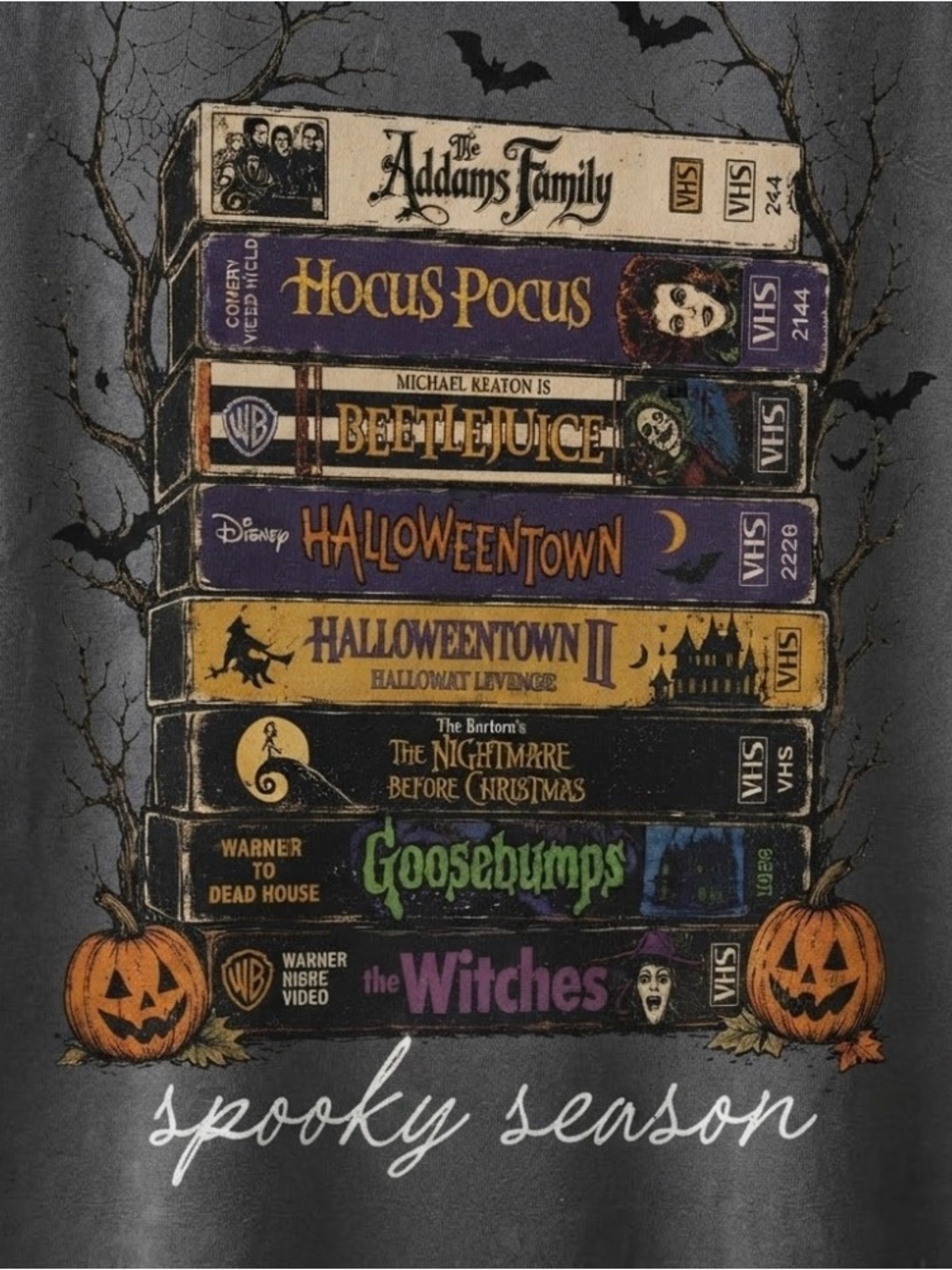 Halloween VHS Tapes Stack Retro 90s Spooky Season Graphic Tee - Comfort Colors - Picture 2 of 5